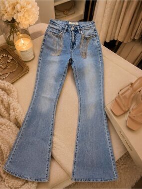 Light Wash Flared Jeans with Front Chain Fringe - Women's